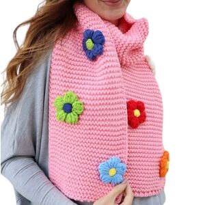 Knit Scarf Womens Pink Neck Scarf 3D Flower Winter Scarf Fall Stretch New